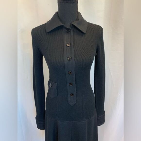 Akris Punto black ribbed knit long sleeve pleated wool dress Sz 4 NWOT - Picture 3 of 14